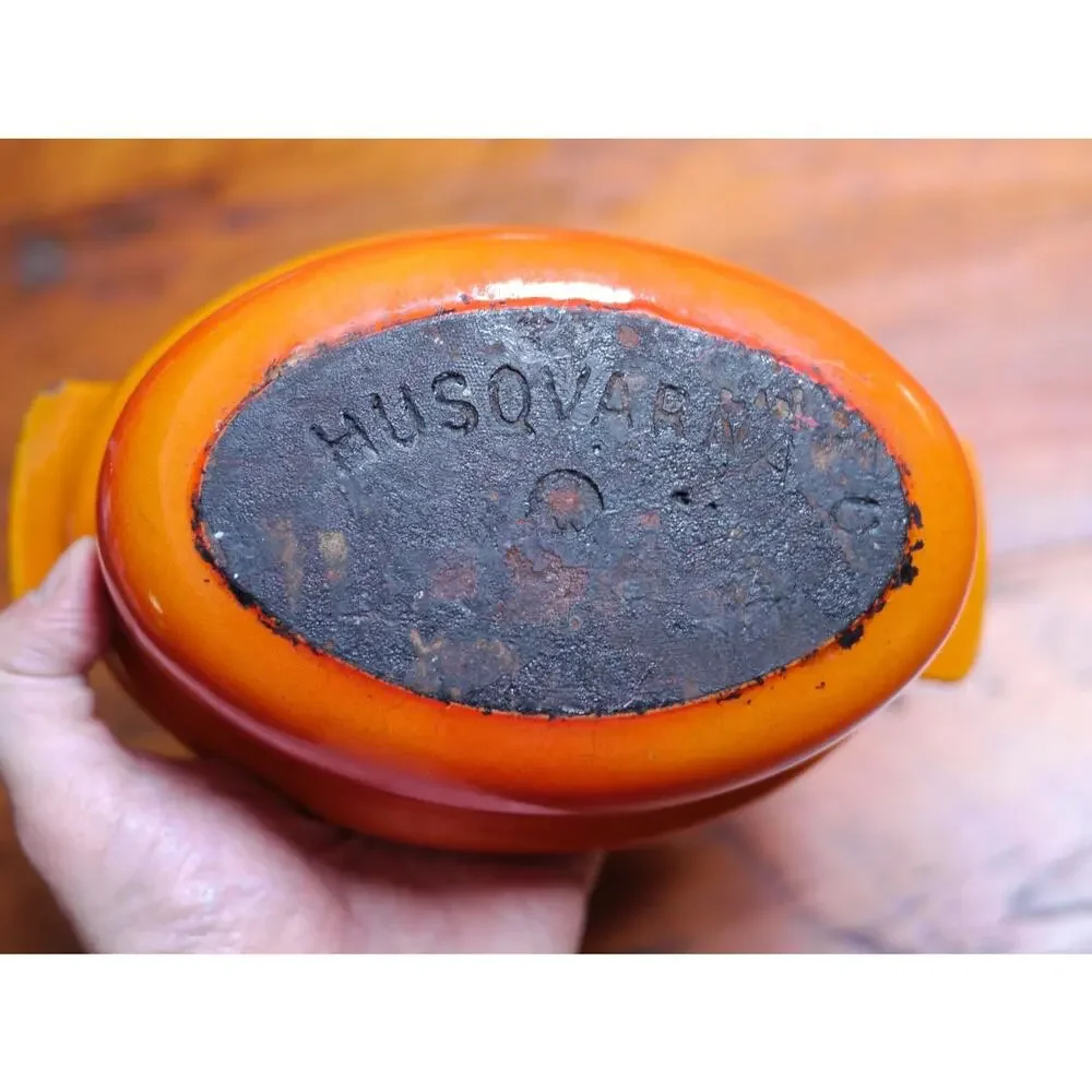 Vtg HUSQVARNA Flame Red Orange Enamel Cast Iron Small Dutch Oven Baking Dish
